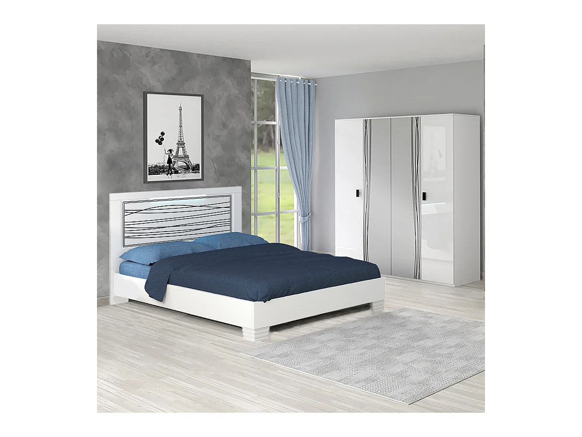 CADIRY - Lit 160x200cm Blanc Sérigraphies Noires avec Leds