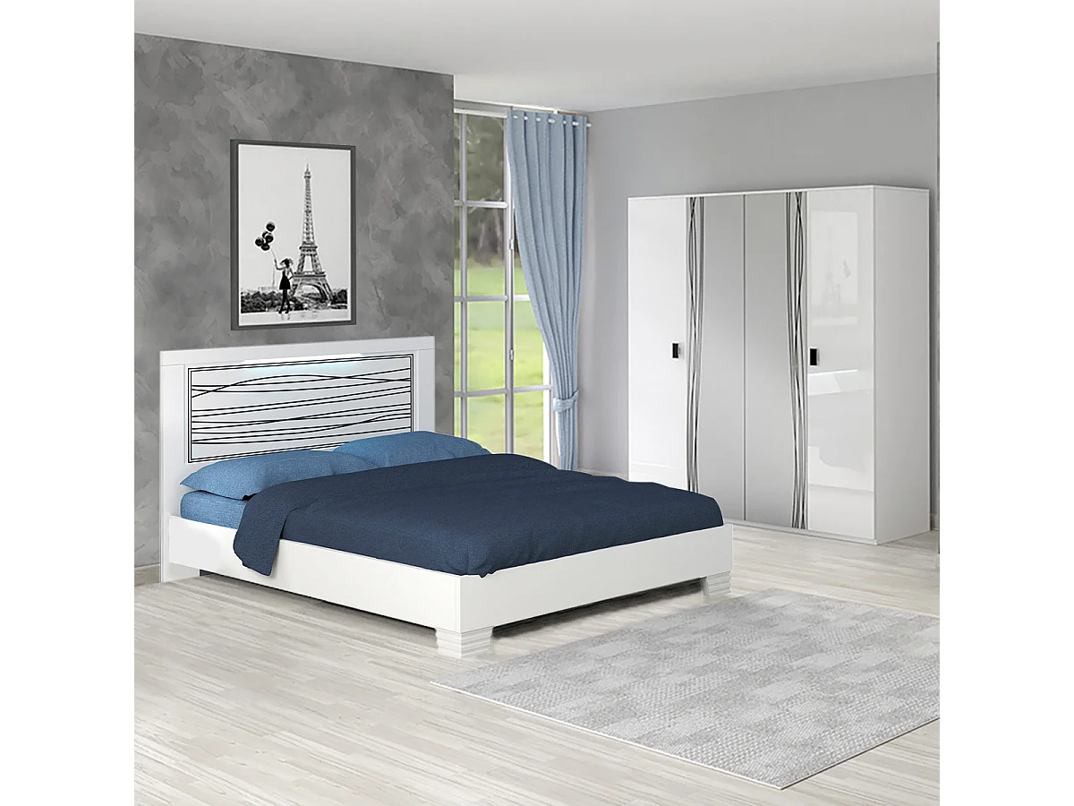 CADIRY - Lit 160x200cm Blanc Sérigraphies Noires avec Leds