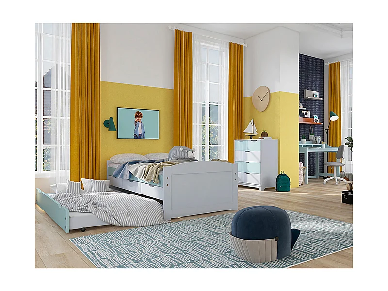 GLASCA - Lit Gigogne 90x200cm + Commode + Bureau Pin Massif