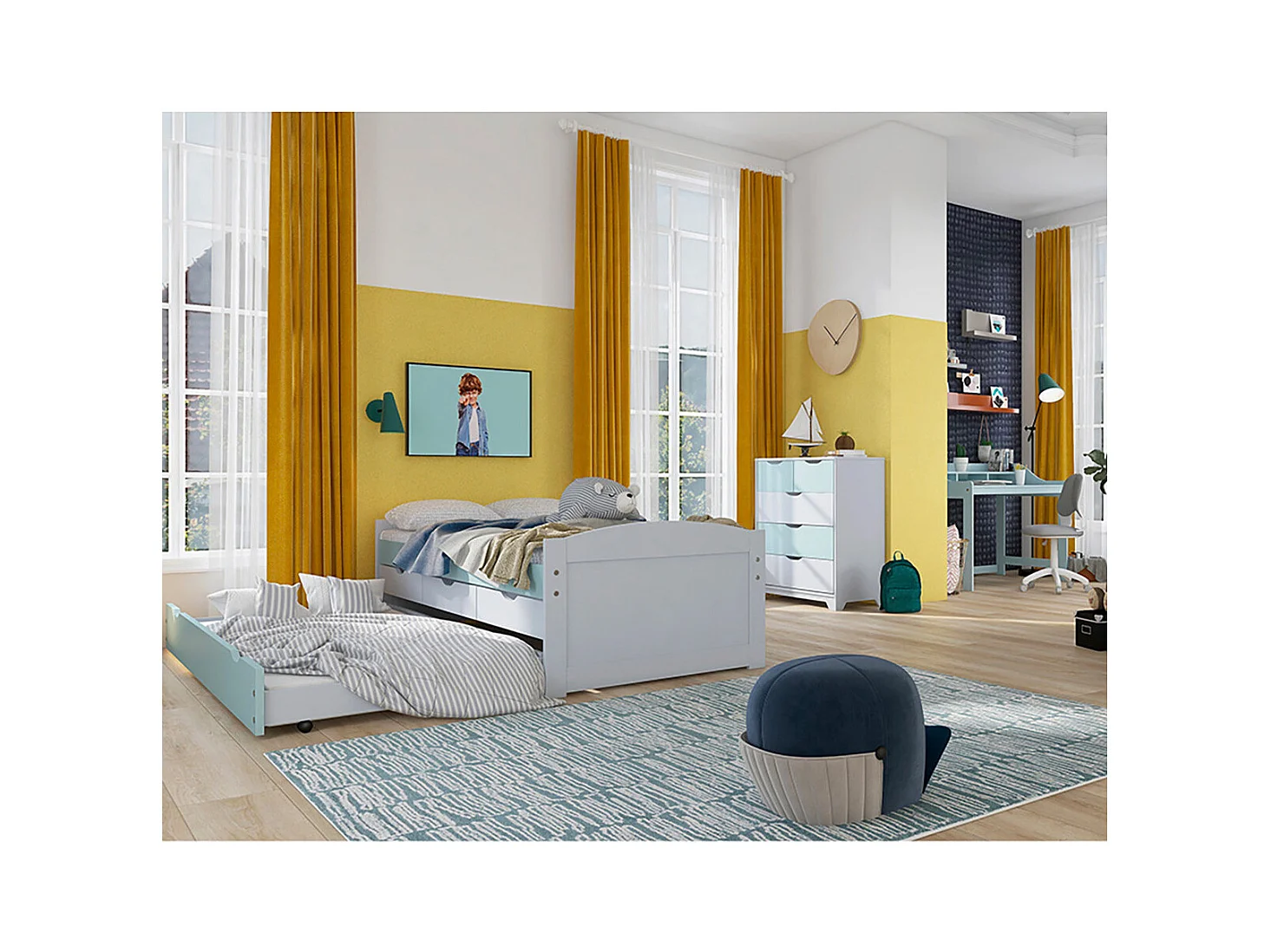 GLASCA - Lit Gigogne 90x200cm + Commode + Bureau Pin Massif