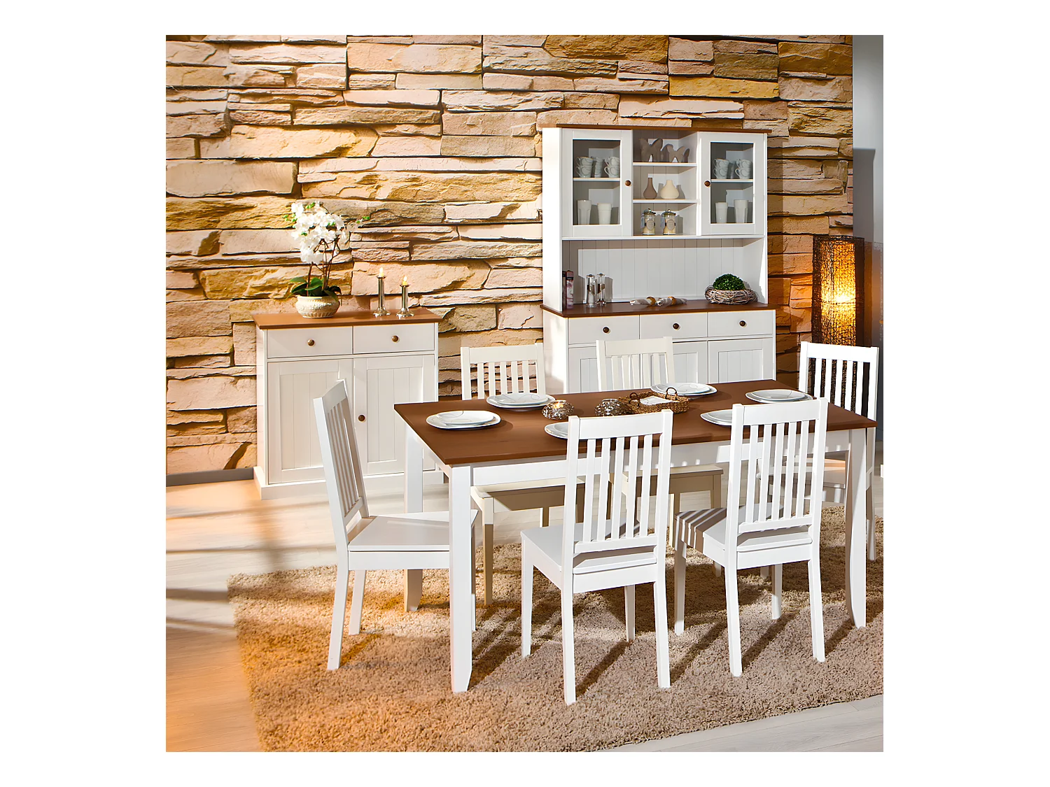 SOCOA - Ensemble Table 160cm + Buffet + Vaisselier 5 Portes