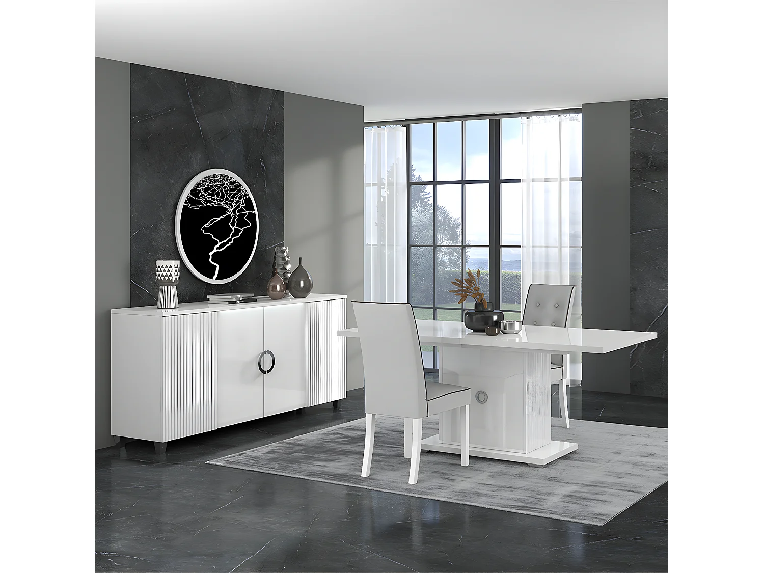 MARIKA - Buffet 4P avec Leds + Table Allongeable 160-200cm