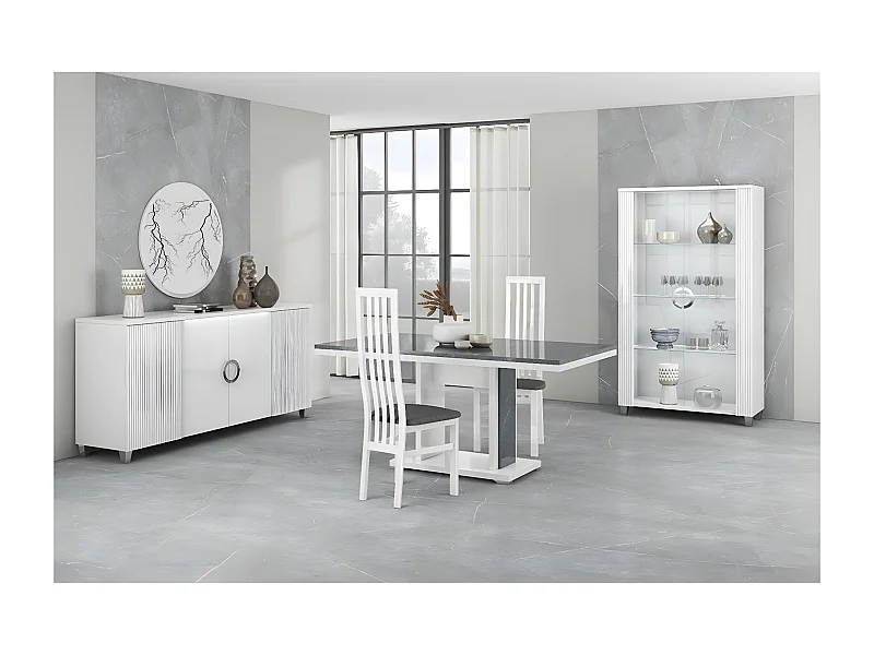 MARIKA - Séjour Complet avec Table 160cm Effet Pierre + Leds