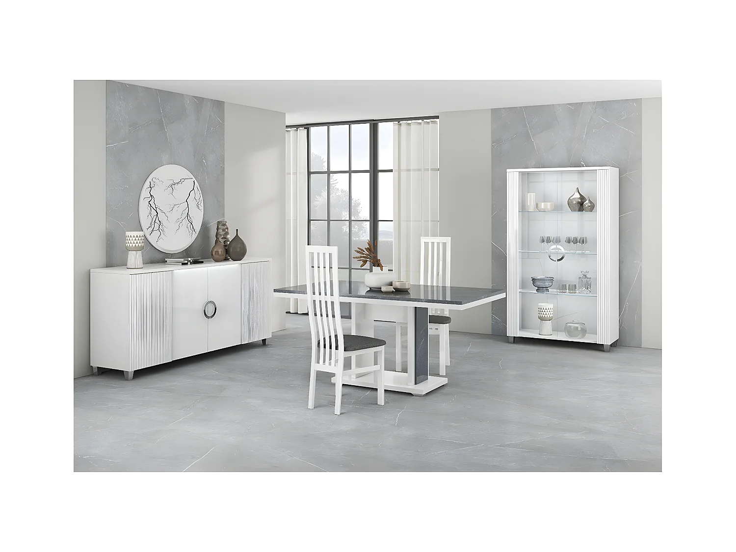 MARIKA - Séjour Complet avec Table 160cm Effet Pierre + Leds