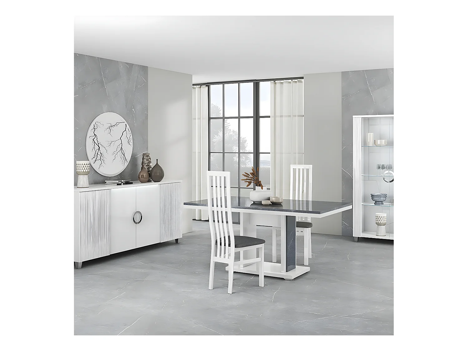 MARIKA - Séjour Complet avec Table 160cm Effet Pierre + Leds