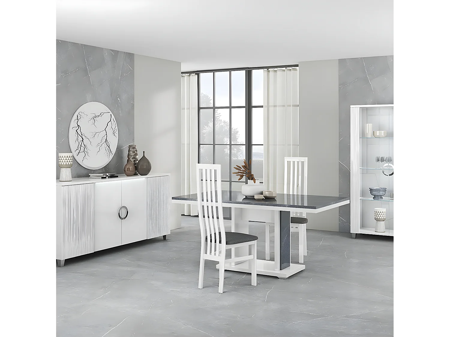 MARIKA - Séjour Complet avec Table 160cm Effet Pierre + Leds