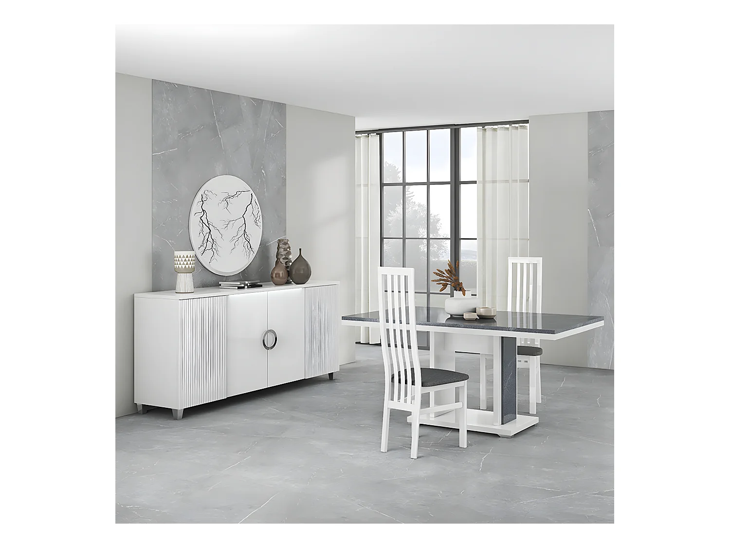 MARIKA - Buffet 4P avec Leds + Table 160cm Effet Pierre