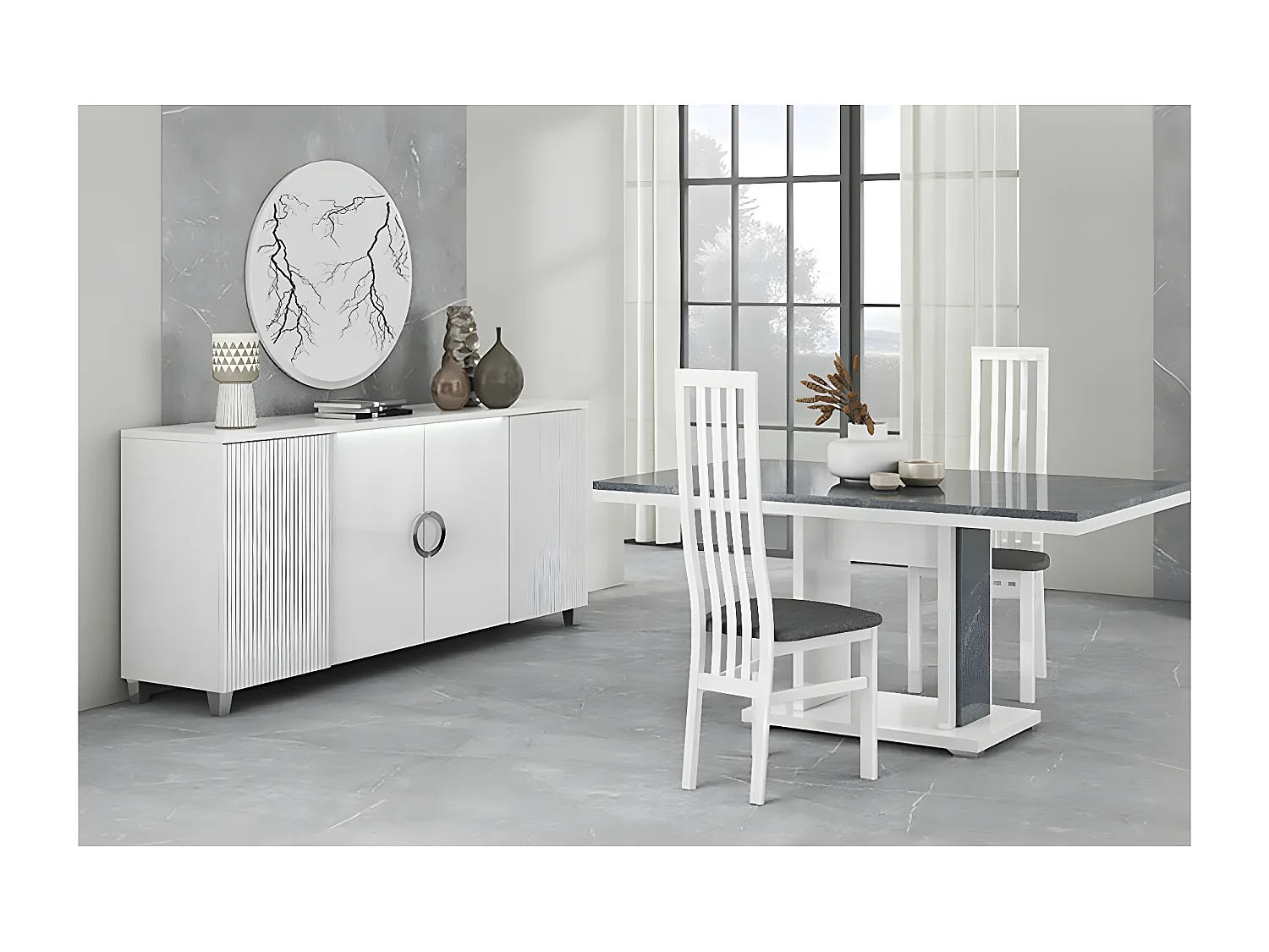 MARIKA - Buffet 4P avec Leds + Table 160cm Effet Pierre