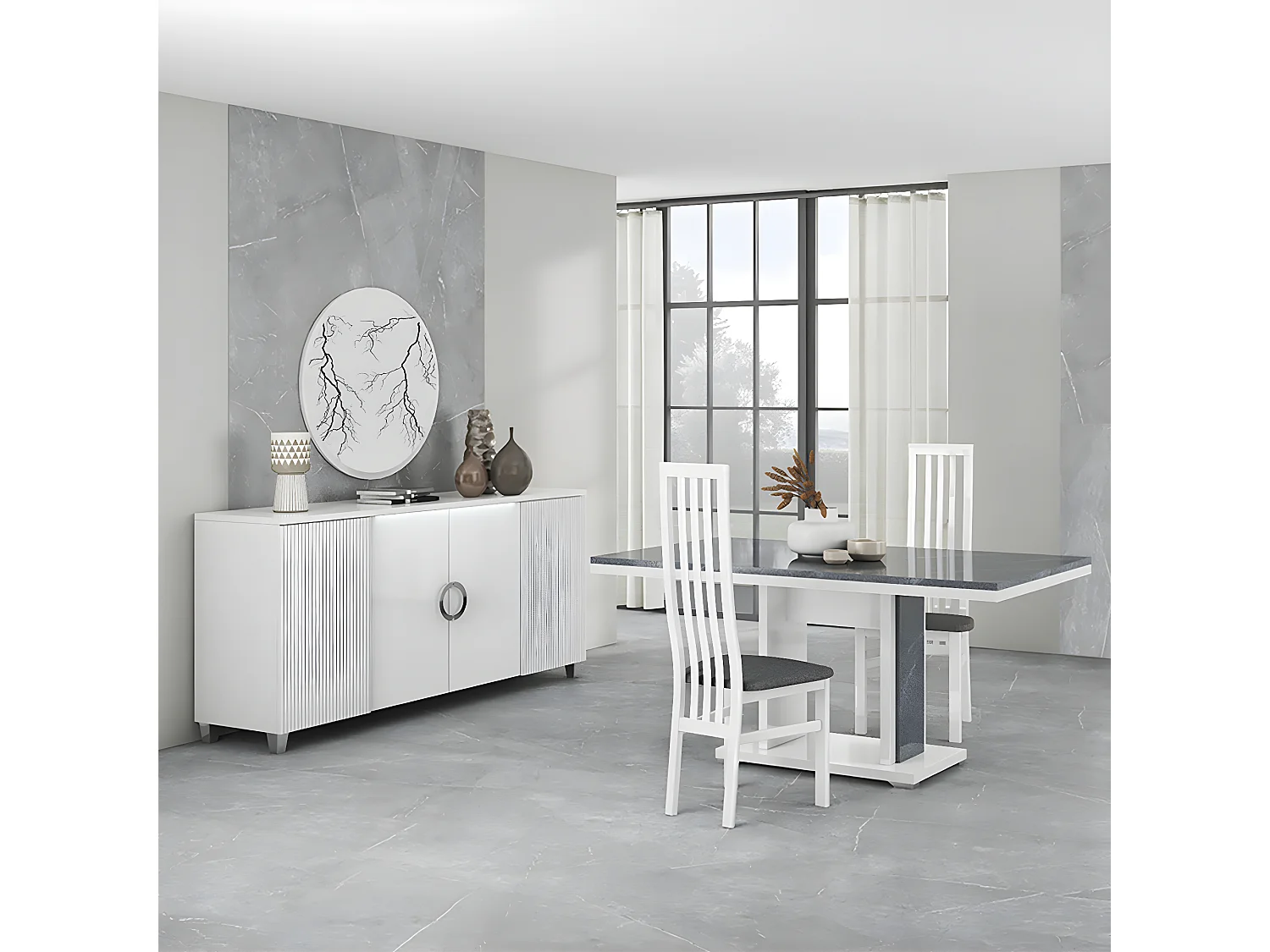 MARIKA - Buffet 4P avec Leds + Table 160cm Effet Pierre