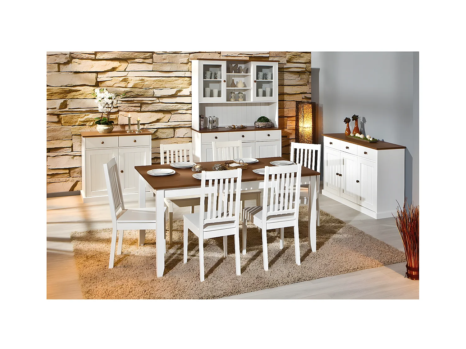 SOCOA - Pack Table 160cm + 2 Buffets + Vaisselier 5 Portes