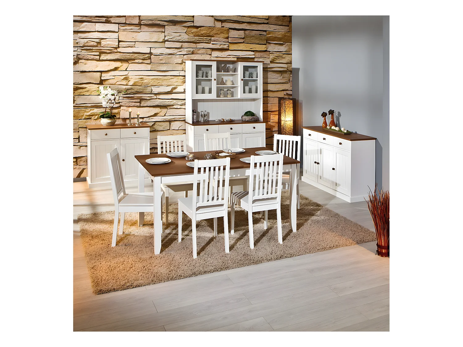 SOCOA - Pack Table 160cm + 2 Buffets + Vaisselier 5 Portes