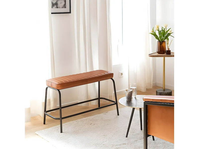 Banco de cuero marrón y metal negro con almacenamiento - Lucien