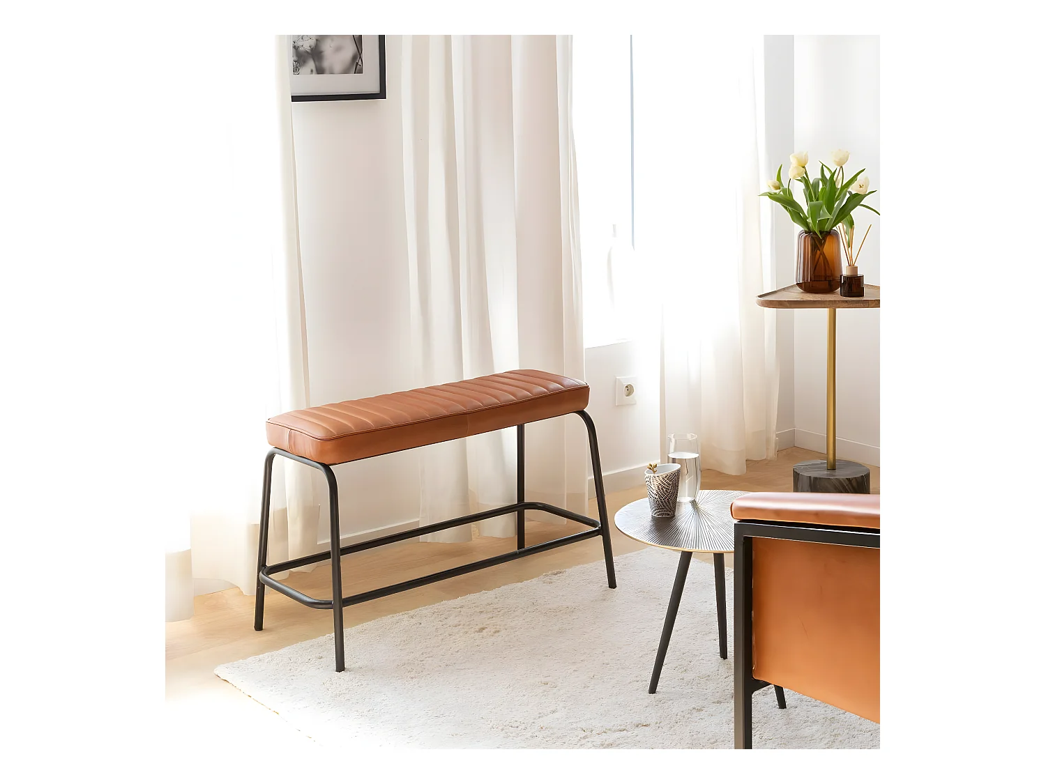 Banc en cuir marron et métal noir Lucien