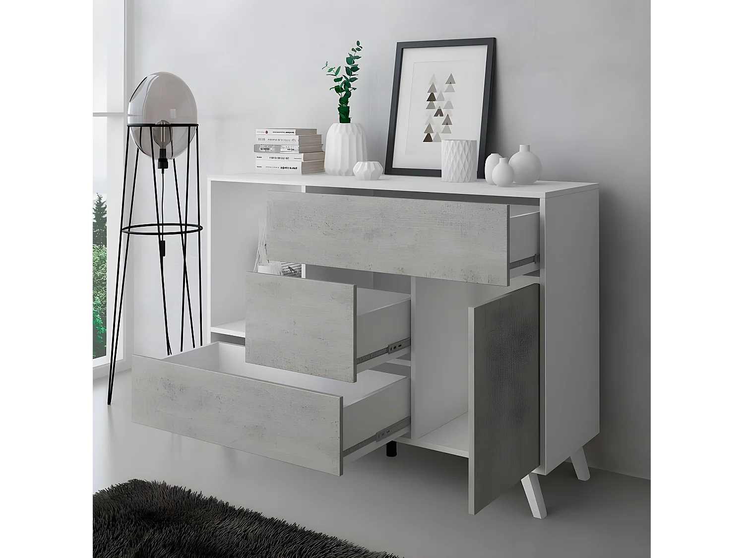 Aparador Wind Blanco mate - Gris cemento