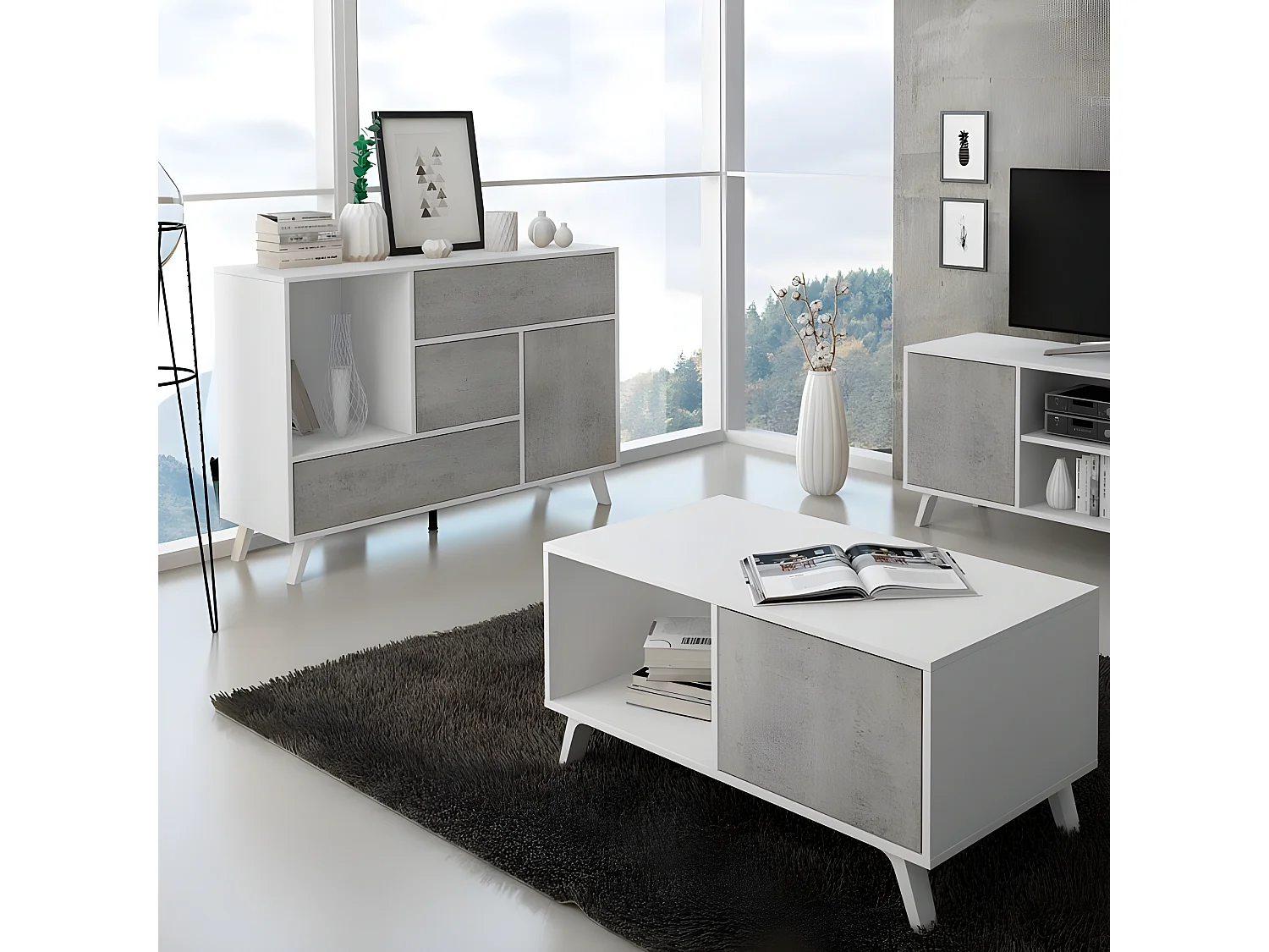Aparador Wind Blanco mate - Gris cemento