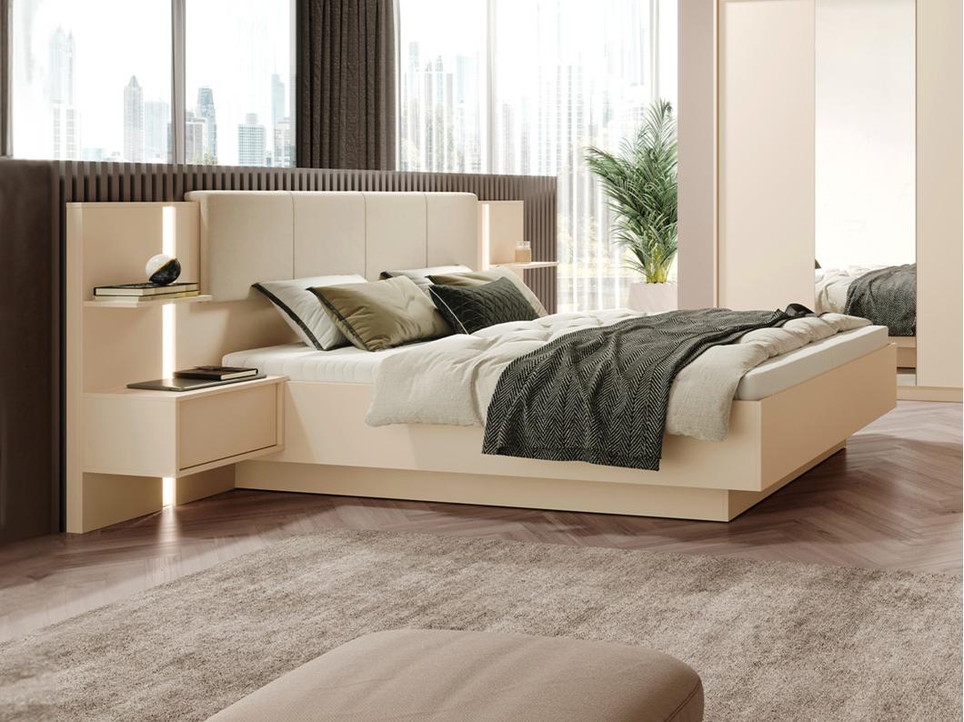 Bed met nachtkastjes 160 x 200 cm - Met ledverlichting - Kleur: beige + bedbodem + matras - ELYNIA