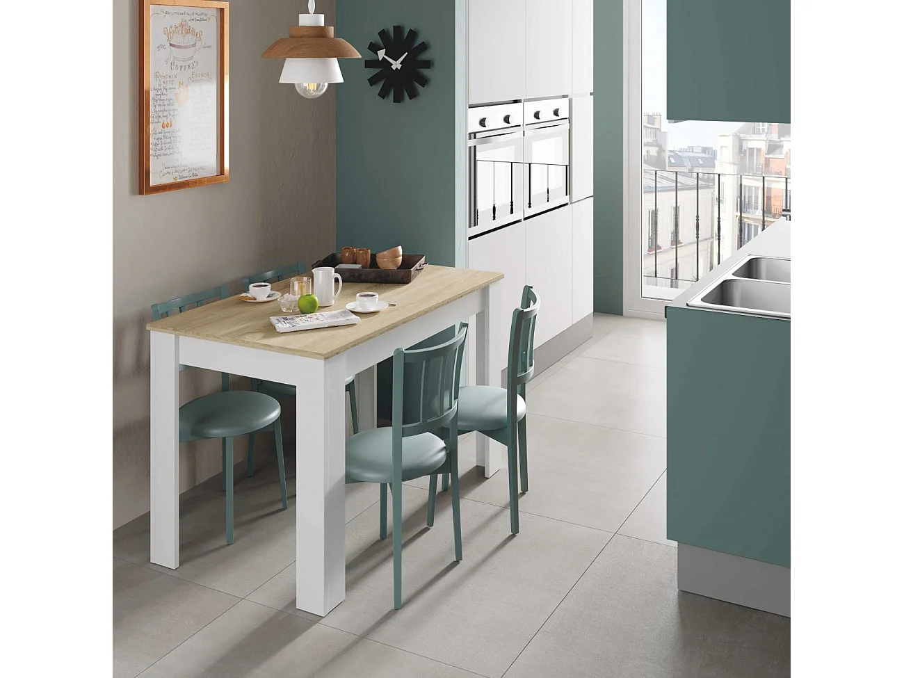 Mesa de comedor Cloe Blanco Artik (Blanco Mate) - Roble Canadian