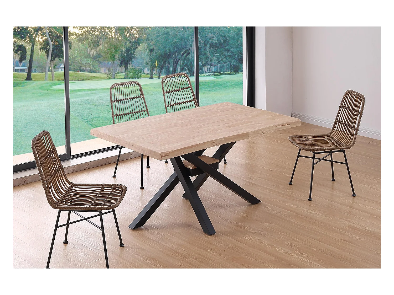 Mesa de comedor Xena forma patas cruzadas tapa irregular roble Nordish/negro 76x150x90 cm Adec