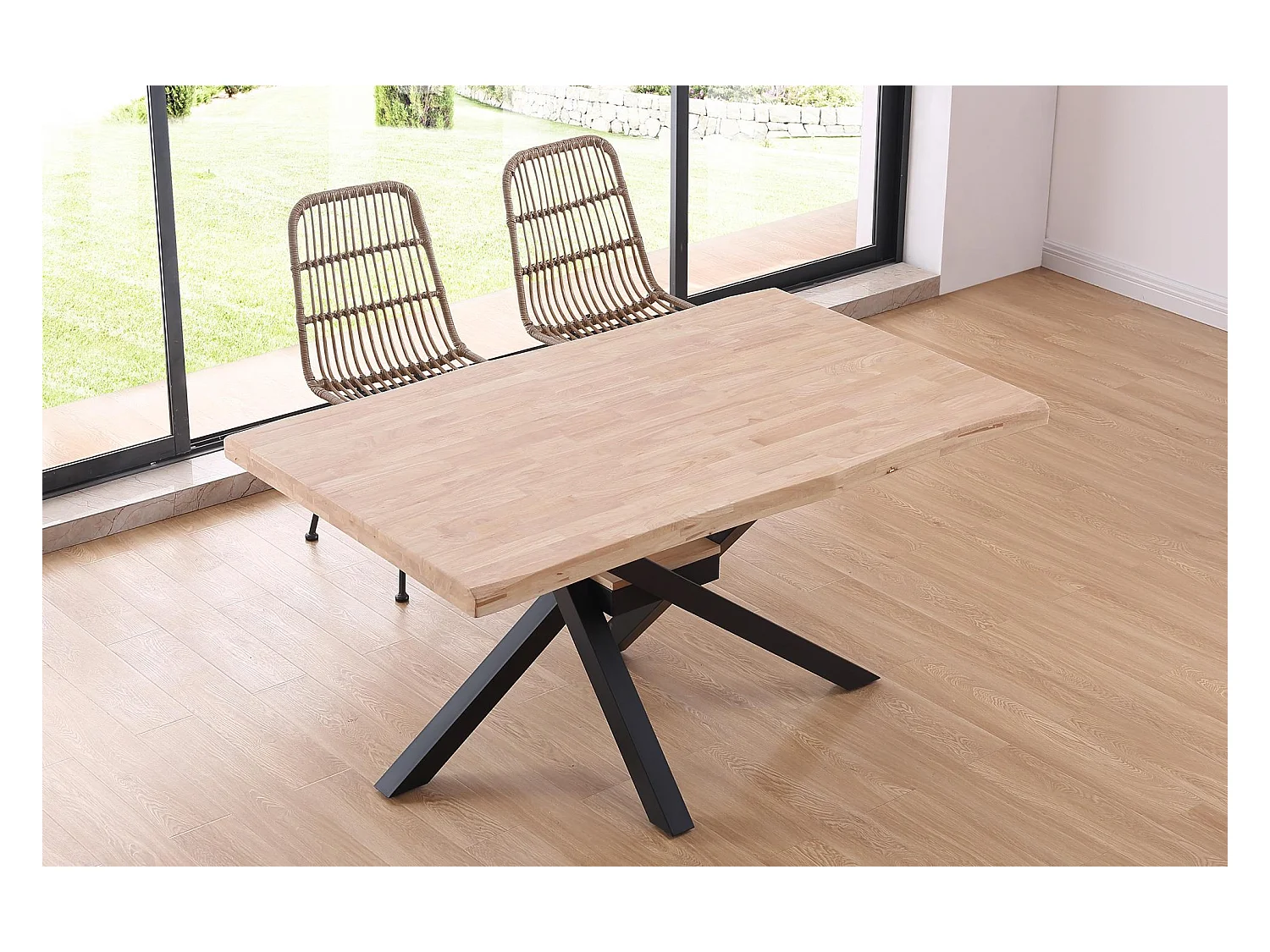 Mesa de comedor Xena forma patas cruzadas tapa irregular roble Nordish/negro 76x150x90 cm Adec