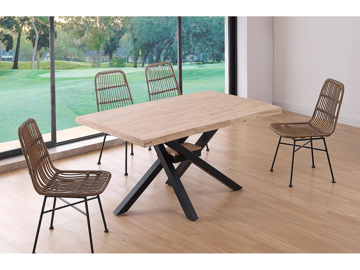 Mesa de comedor Xena forma patas cruzadas tapa irregular roble Nordish/negro 76x150x90 cm Adec