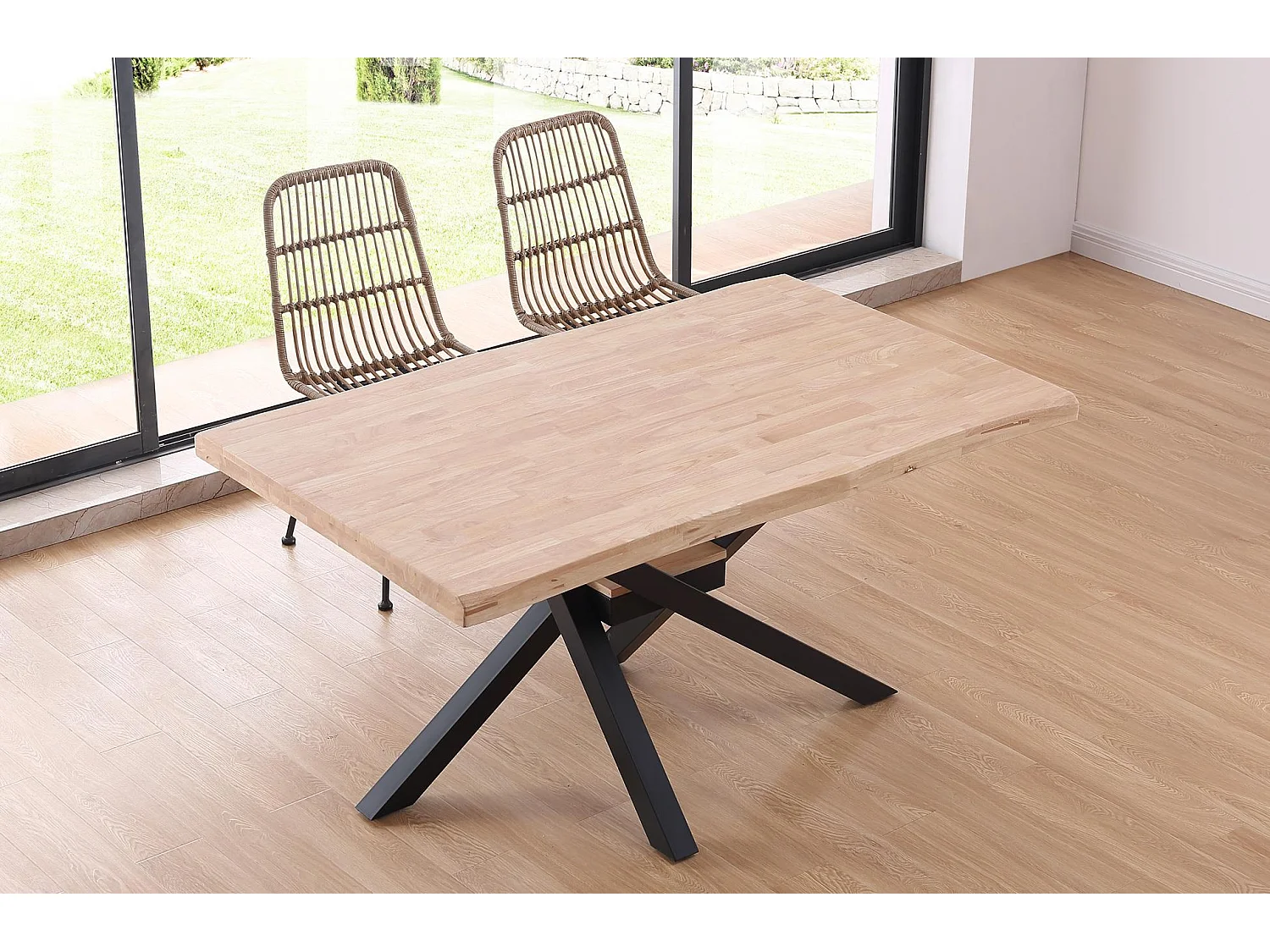 Mesa de comedor Xena forma patas cruzadas tapa irregular roble Nordish/negro 76x150x90 cm Adec