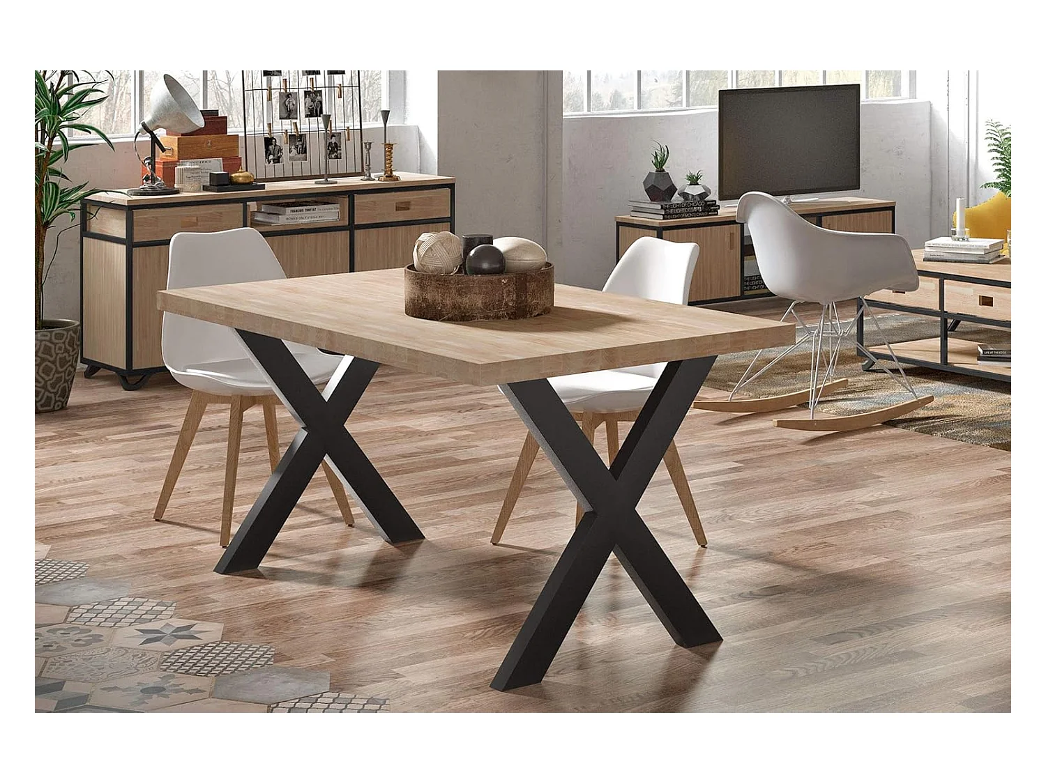 Mesa de comedor X-Loft rectangular diseño nórdico roble Nordish/negro 76x160x90 cm Adec