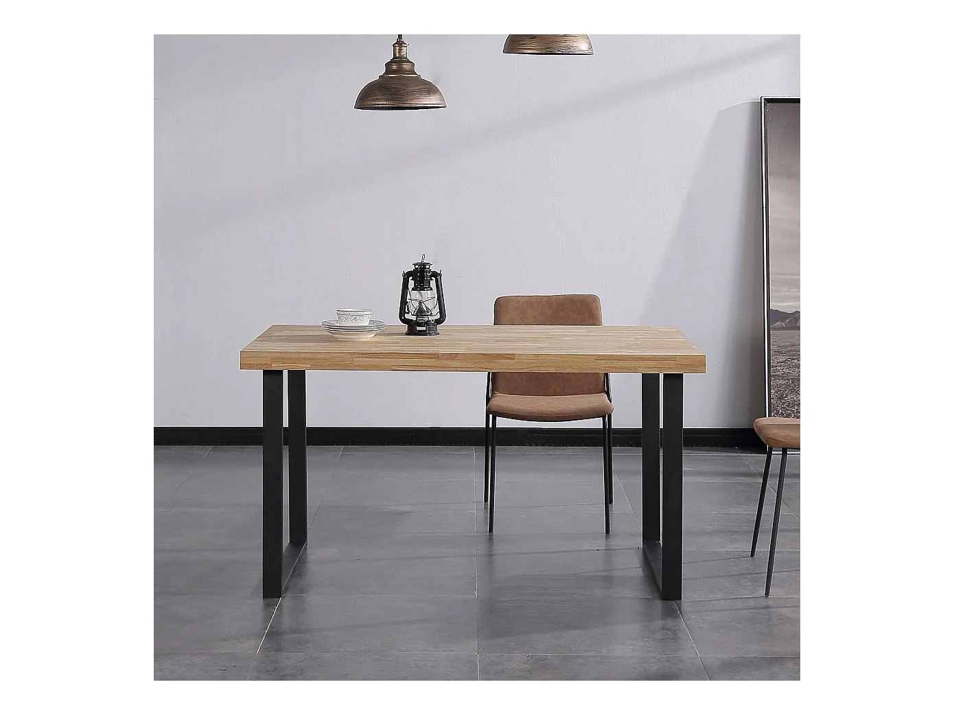 Mesa de comedor Natural patas en U madera de roble sostenible roble Nordish/Negro 76,5x140x80 cm Adec