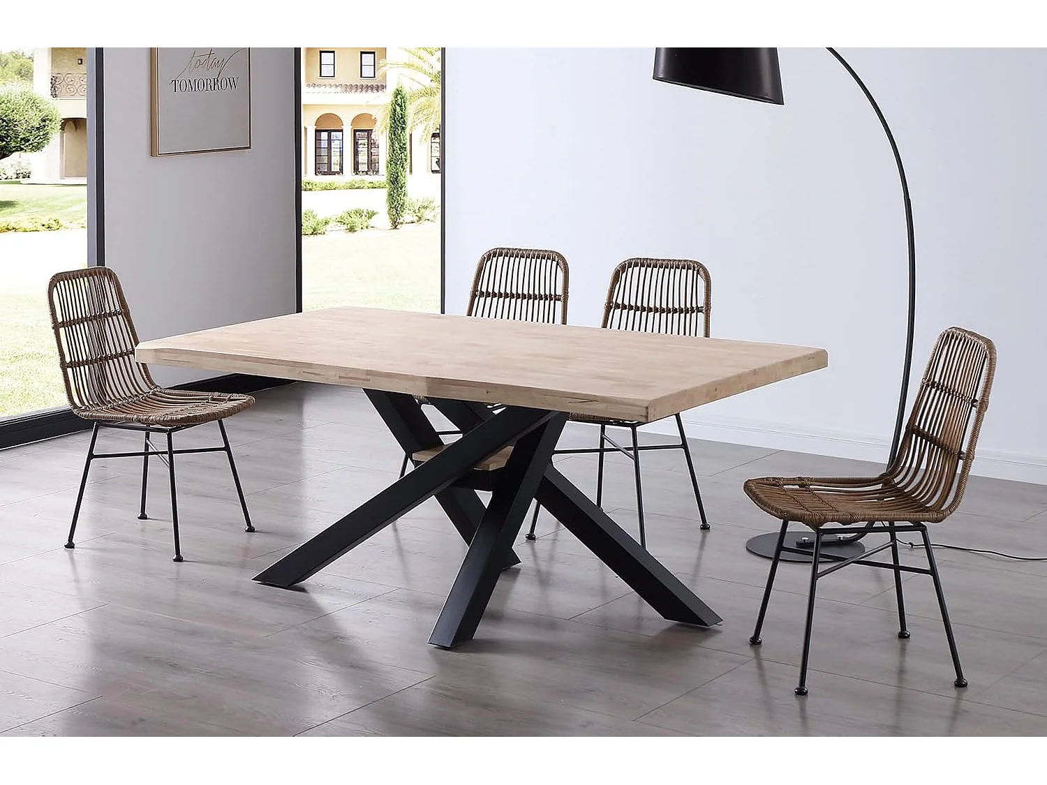 Mesa de comedor Xena forma patas cruzadas tapa irregular roble Nordish/negro 76x180x100 cm Adec
