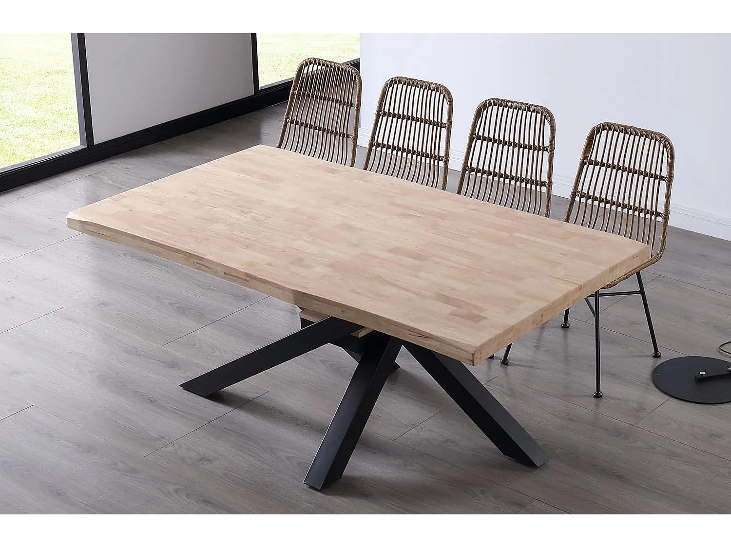 Mesa de comedor Xena forma patas cruzadas tapa irregular roble Nordish/negro 76x180x100 cm Adec