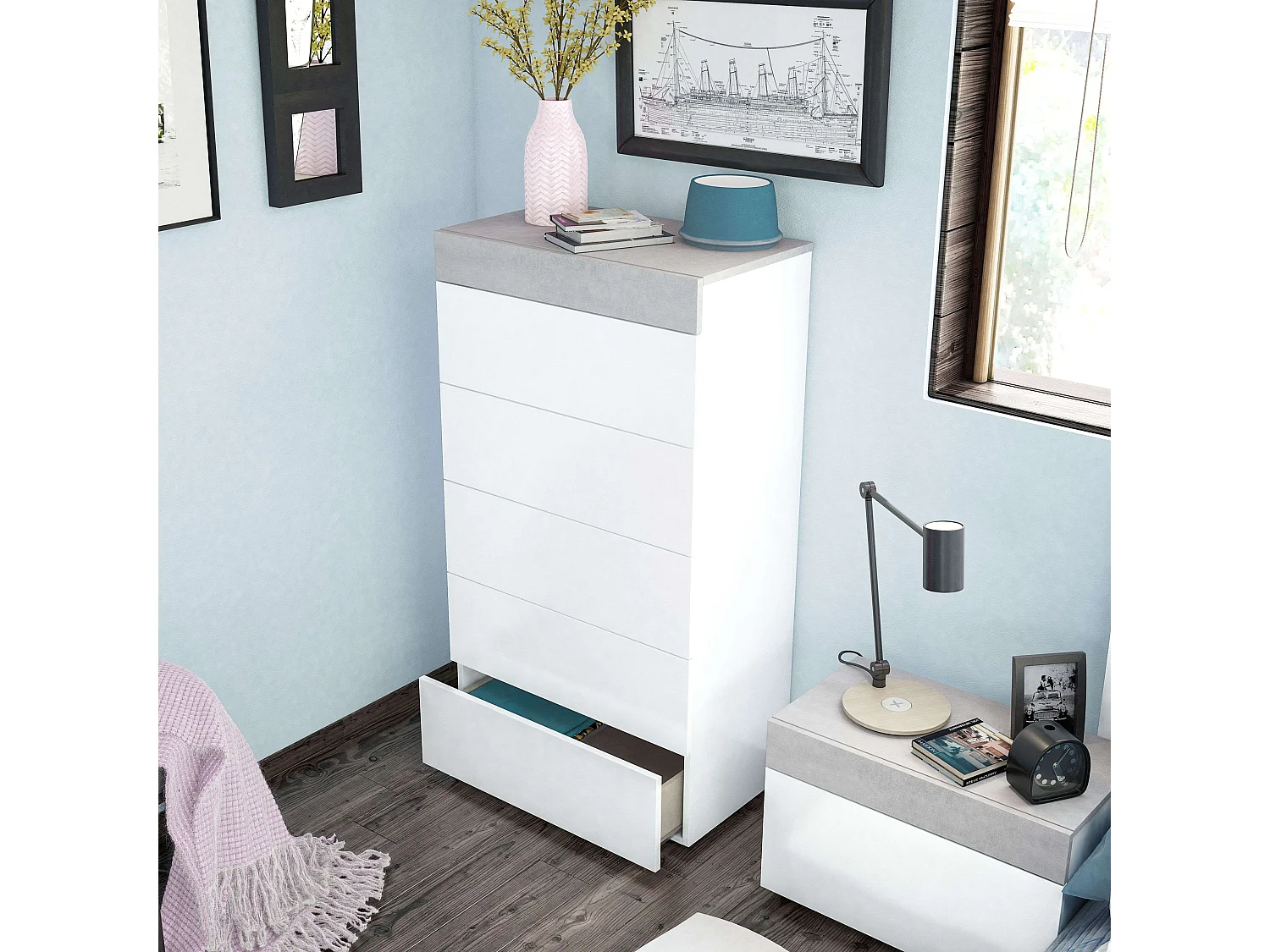 Cômoda branca fosca e cimento 61x40x118 cm