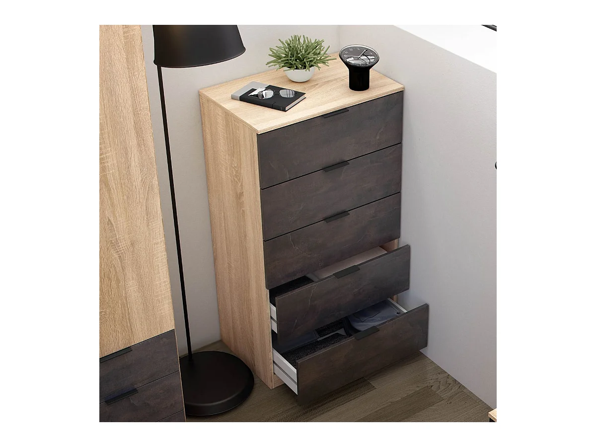 Cómoda Haya 5 cajones roble/grafito 110x60x40 cm