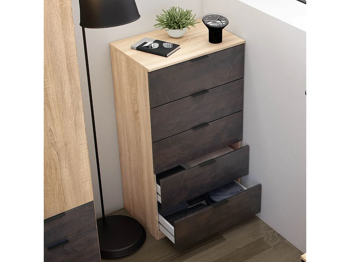Commode 5 tiroirs, commode industrielle en oxyde de chêne canadien, 110x60x40 cm