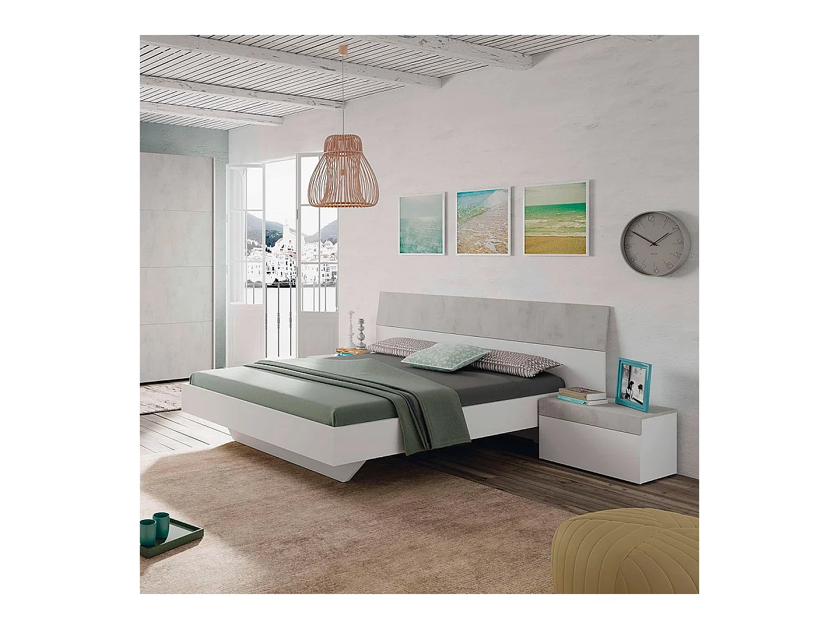 Cabeceira Tekkan com mesas de cabeceira Blanco Artik (Blanco Mate) - Gris Cemento