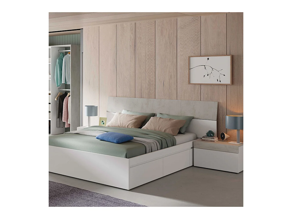 Cabeceira Tekkan com mesas de cabeceira Blanco Artik (Blanco Mate) - Gris Cemento