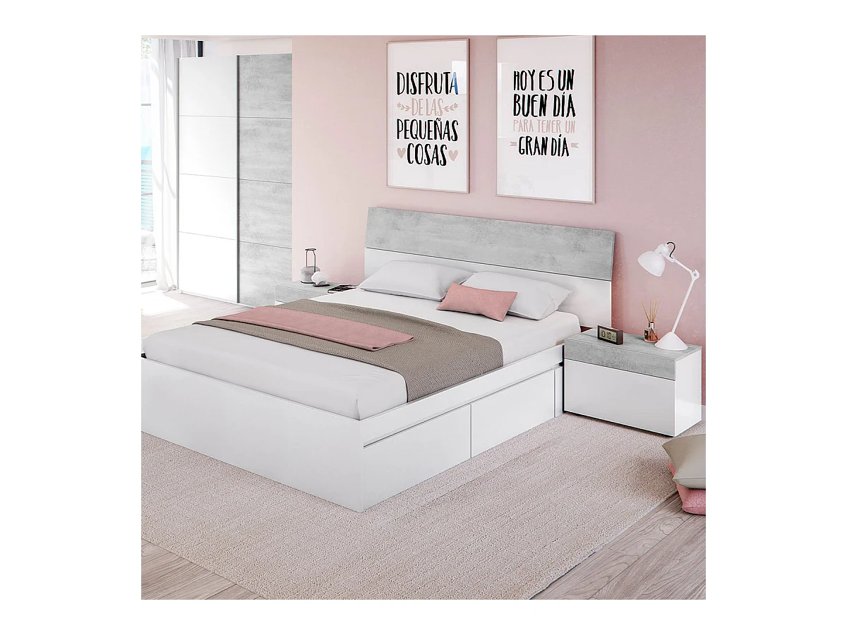 Cabeceira Tekkan com mesas de cabeceira Blanco Artik (Blanco Mate) - Gris Cemento