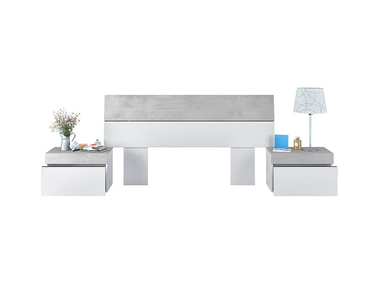 Cabeceira Tekkan com mesas de cabeceira Blanco Artik (Blanco Mate) - Gris Cemento