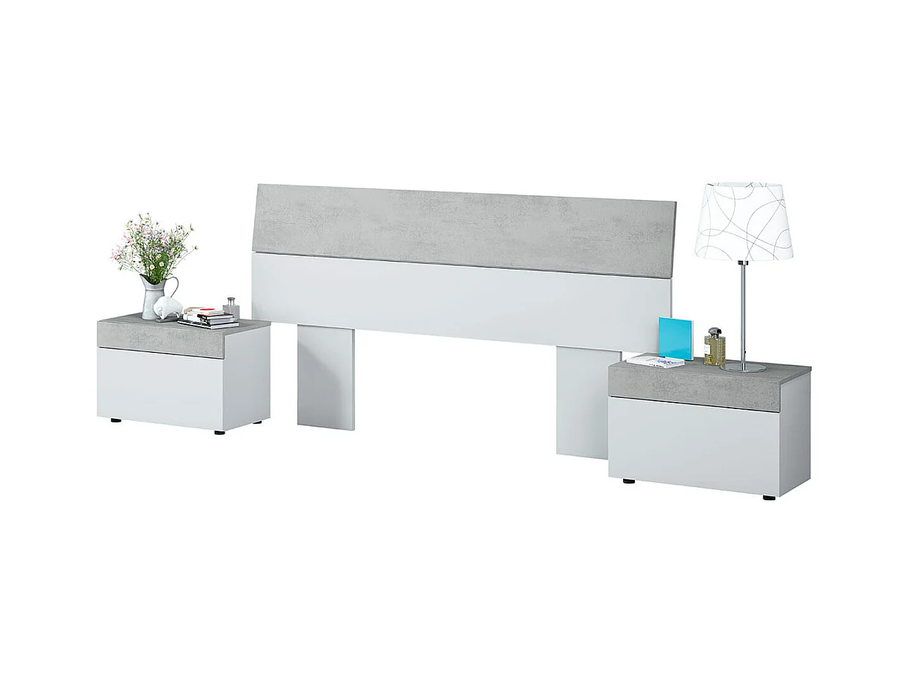 Cabeceira Tekkan com mesas de cabeceira Blanco Artik (Blanco Mate) - Gris Cemento