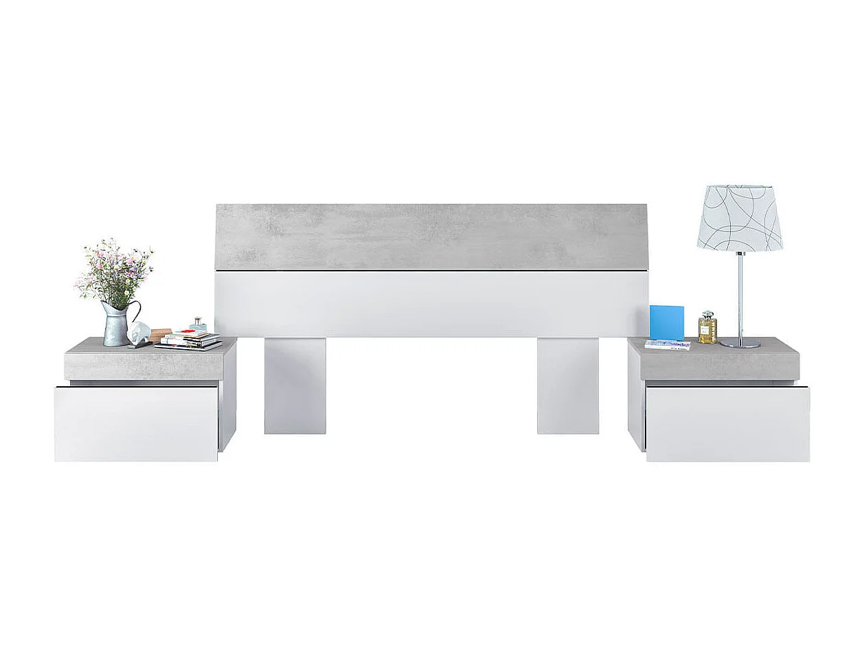 Conjunto de dormitorio Tekkan cabezal + 2 mesitas blanco Artik/cemento