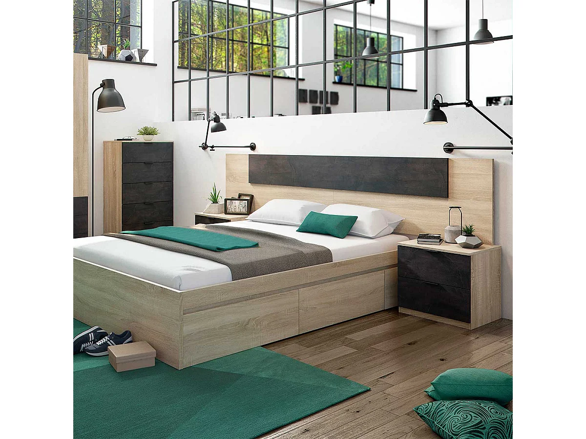 Cabeceira Luca com mesas de cabeceira Roble Canadian - Óxido