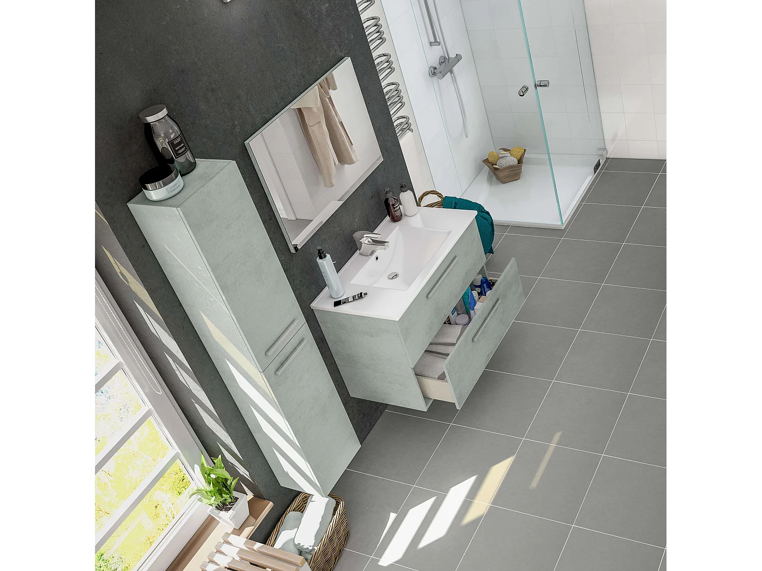 Colonne de salle de bain suspendue Aruba mélaminé ciment 30x150 cm