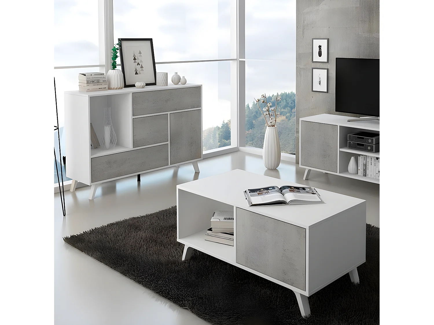 Mesa de centro Wind Blanco mate - Gris cemento