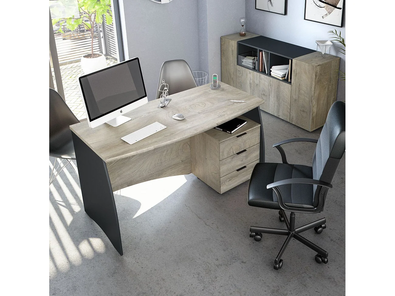 Mesa de escritorio con 3 cajones en roble alaska y gris antracita 136x67 cm Stil Buc Roble Alaska - Gris Antracita