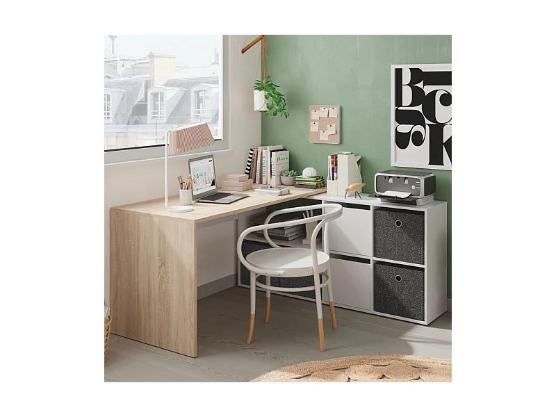 Mesa de escritorio Adapta XL Blanco Artik (Blanco Mate) - Roble Canadian