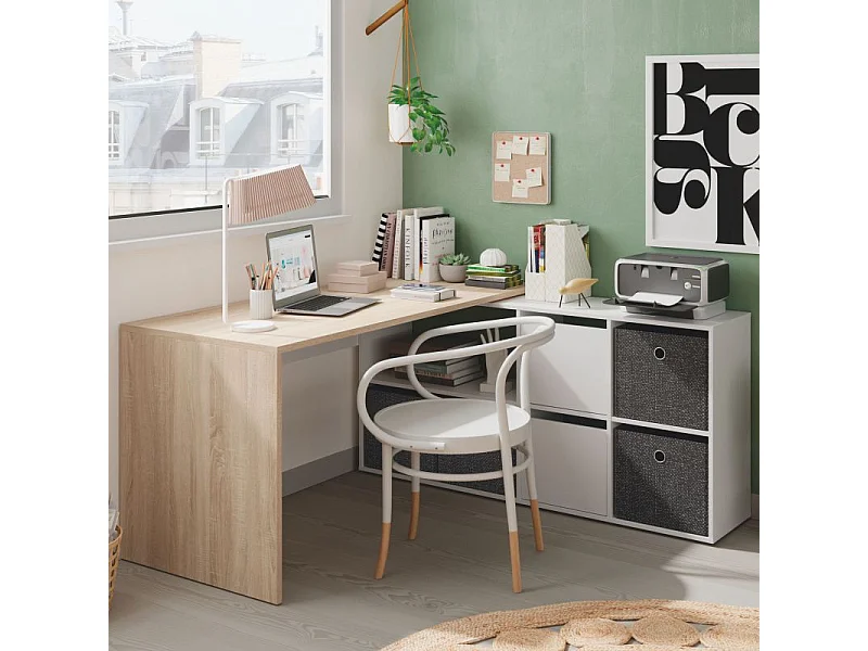 Mesa de escritorio Adapta XL Blanco Artik (Blanco Mate) - Roble Canadian