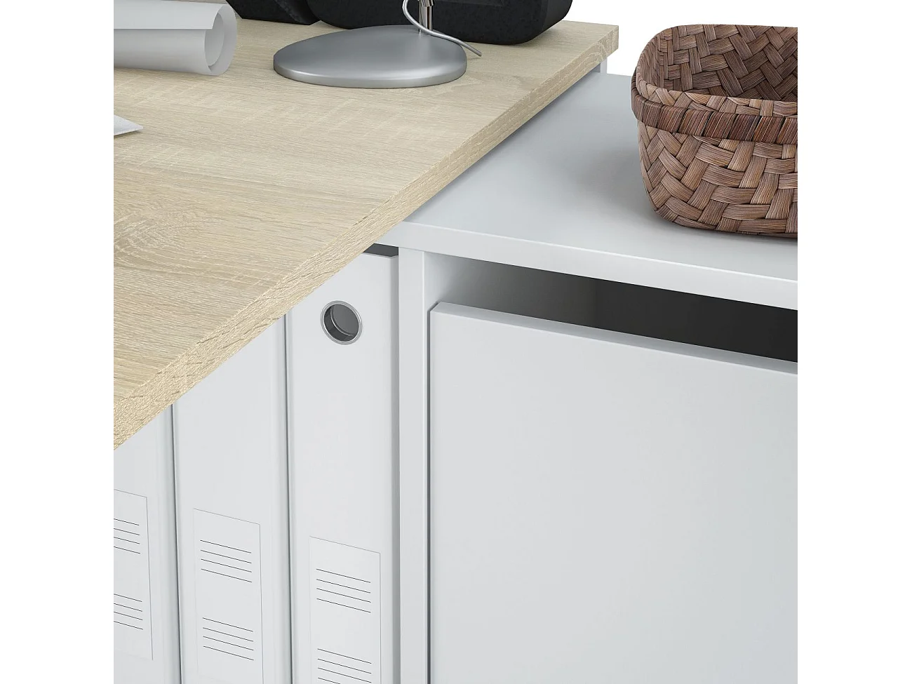 Mesa de escritorio Adapta XL Blanco Artik (Blanco Mate) - Roble Canadian