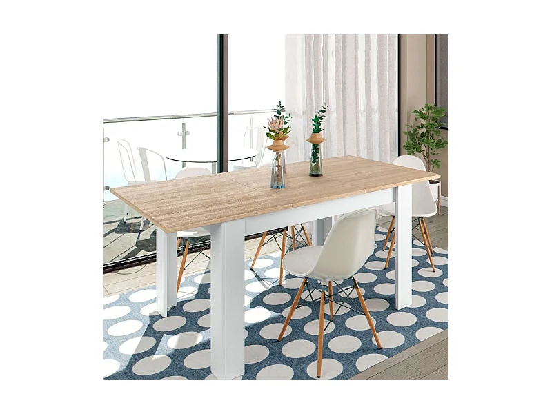 Mesa de comedor extensible Kendra 123 Blanco Artik (Blanco Mate) - Roble Canadian