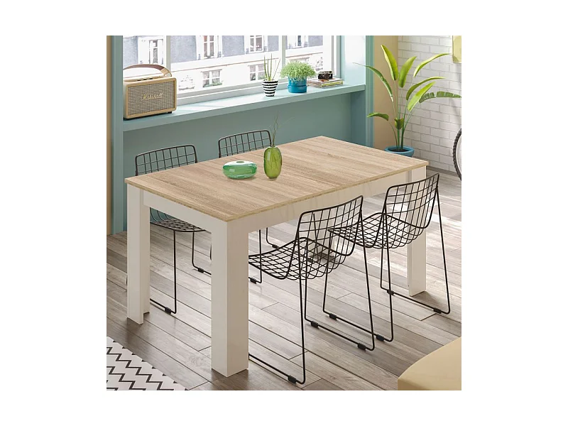 Mesa de comedor extensible Kendra 123 Blanco Artik (Blanco Mate) - Roble Canadian