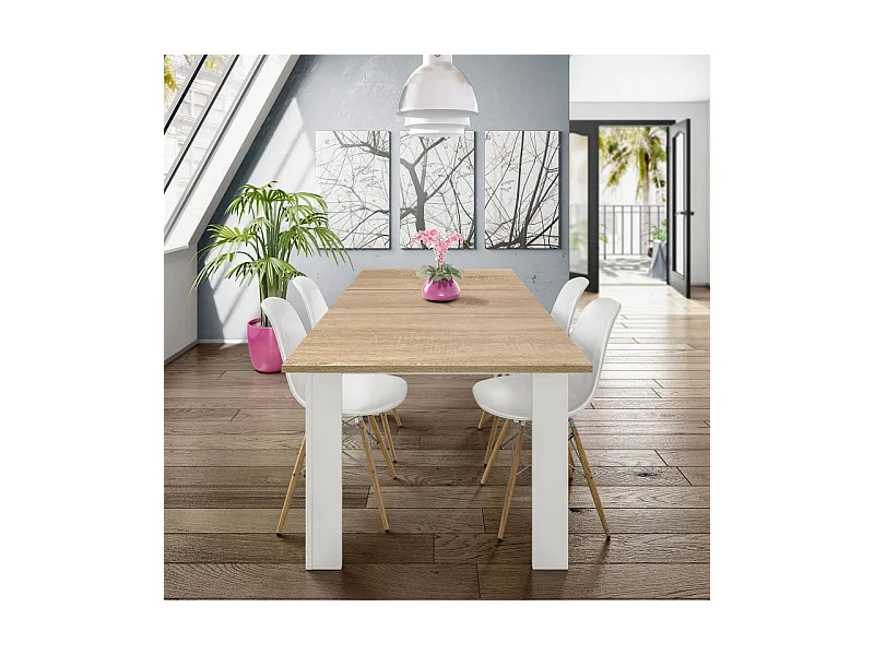 Mesa de comedor extensible Kendra 123 Blanco Artik (Blanco Mate) - Roble Canadian