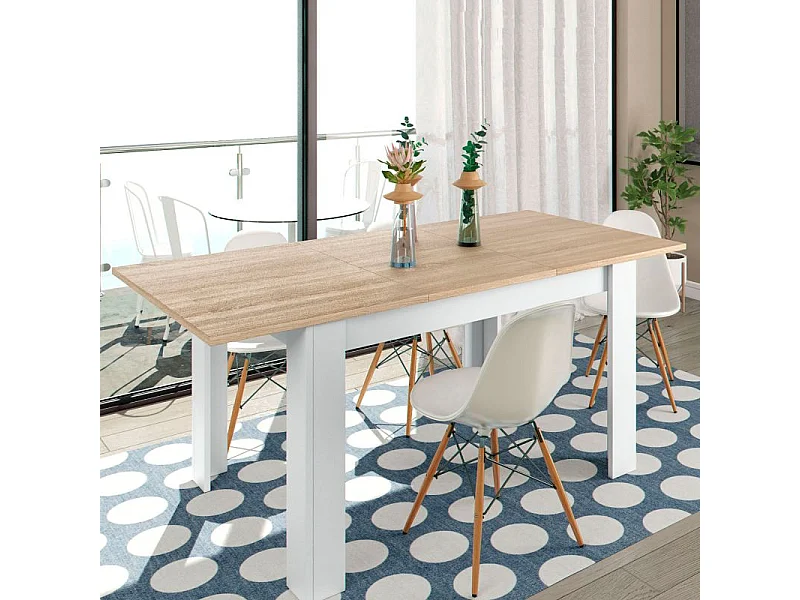 Mesa de comedor extensible Kendra 123 Blanco Artik (Blanco Mate) - Roble Canadian