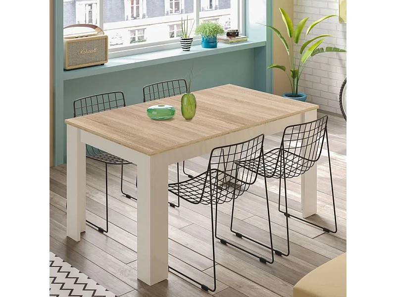 Mesa de comedor extensible Kendra 123 Blanco Artik (Blanco Mate) - Roble Canadian